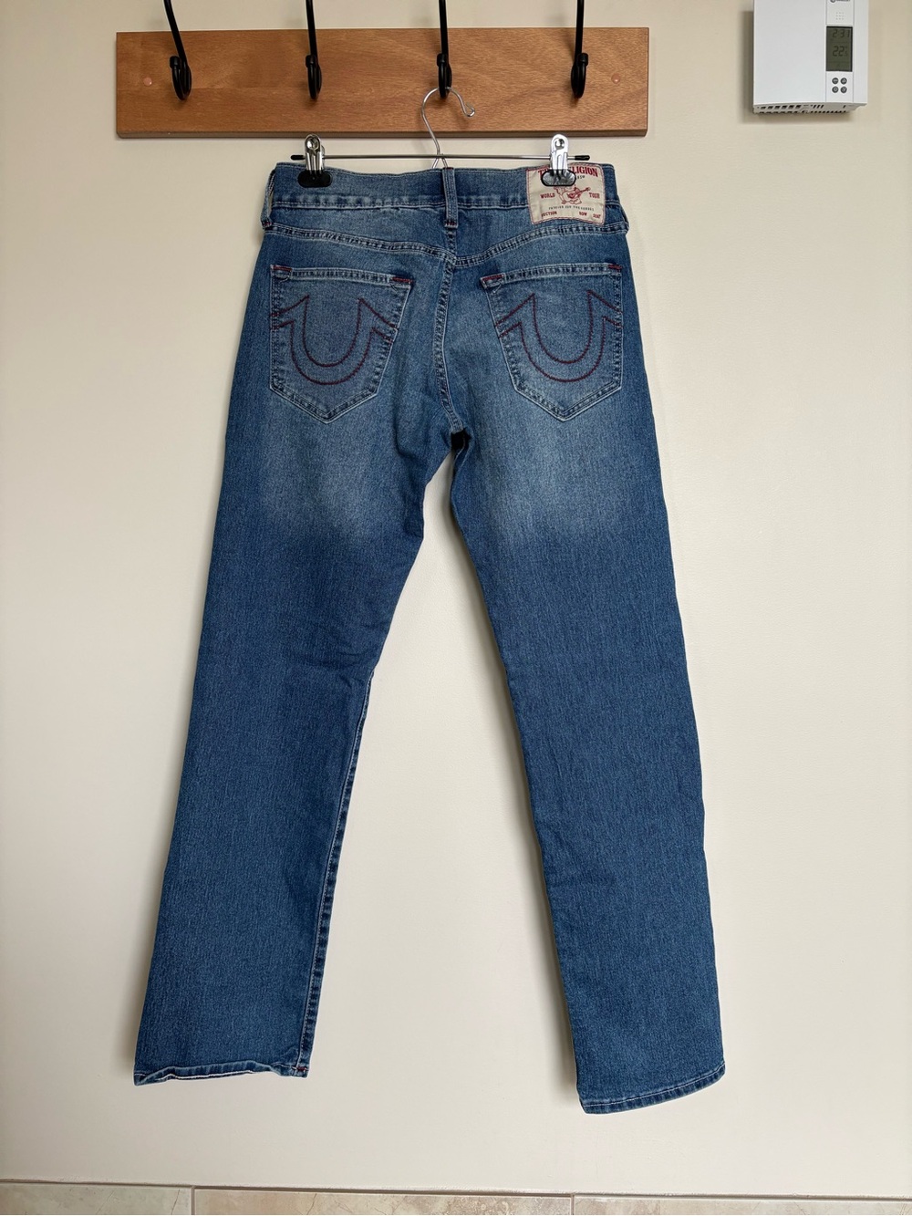 True Religion Ricky Relaxed Straight Jeans Mens 29 Blue Red Stitch Y2K Denim
